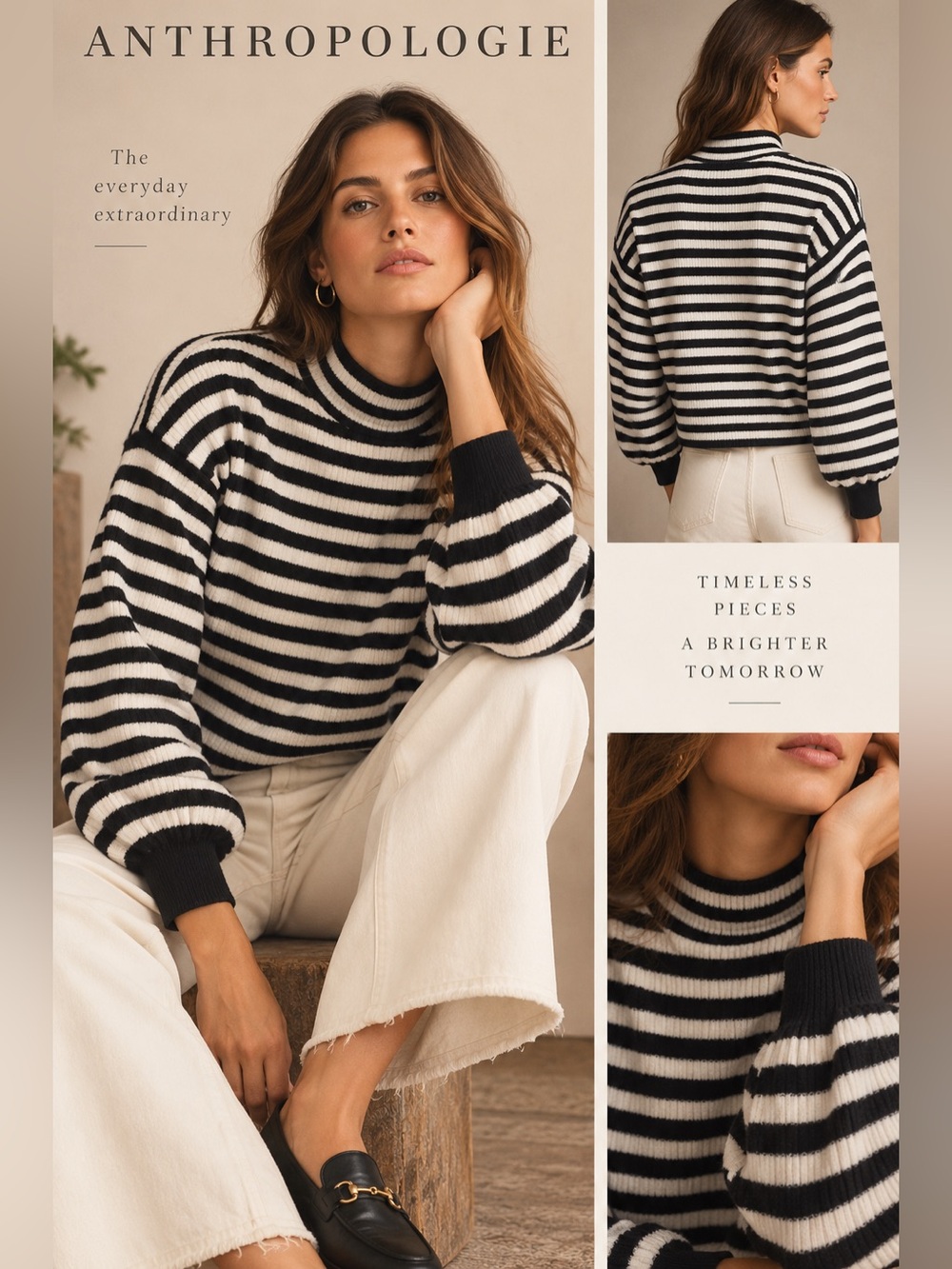 Anthropologie Black and White Striped Mock Neck Sweater